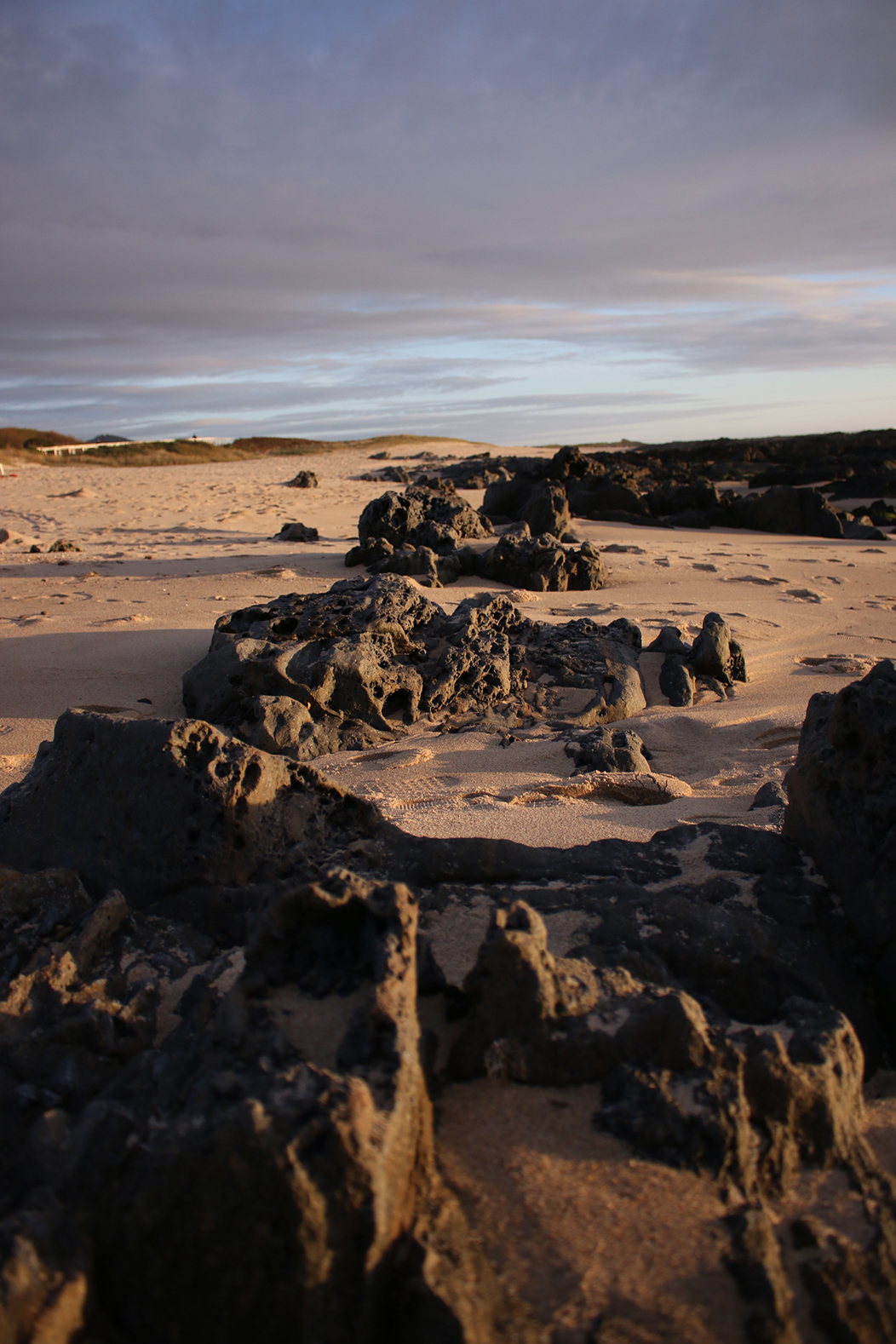 "Chanzos", fotografía tomada na Praia do Canto Marinho, Viana do Castelo, o 9-11-24. Mostra as rochas características da praia, que é un lugar de interese xeolóxico, á luz do solpor. As rochas forman unha especie de camiño cara o fondo da imaxe, creando liñas de fuga irregulares.
