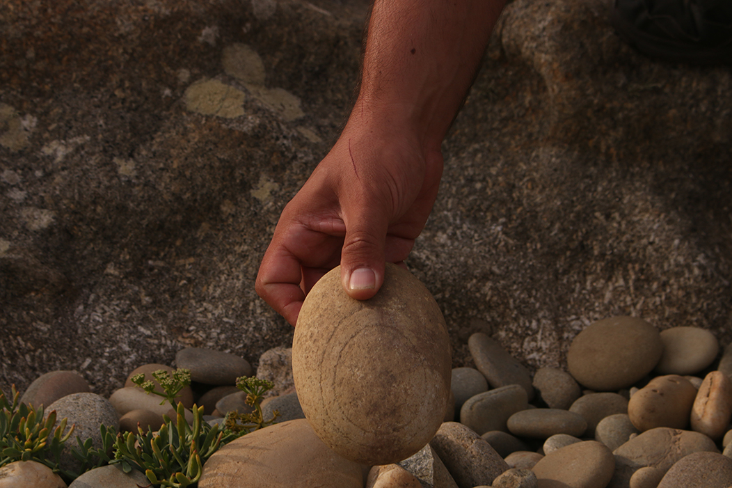 "Pedras", fotografía tomada na praia fósil de Montedor, Portugal, o 2-9-23. Mostra en primeiro plano unha man de home, forte e curtida, con algunha rabuñada na pel, que sostén unha pedra perfectamente redonda. A pedra ten dúas marcas redondas imitan ao seu perímetro. Ao fondo, unha textura rochosa e no chán, cubrindo a penas o tercio inferior da imaxe, máis pedras redondeadas polo efecto das augas.